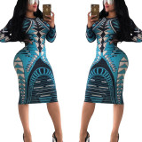 Promotion Geometric Print Long Sleeve Midi Dress XY1874