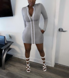 Sexy tight-fitting zipper solid color dress short skirt gray HM5383