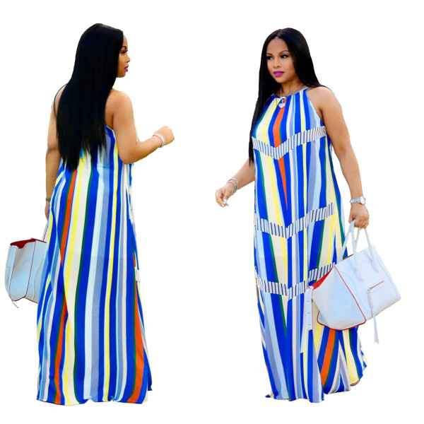 Fashion Colorful Stripe Halter Neck Blouse Maxi Dress SMR9023