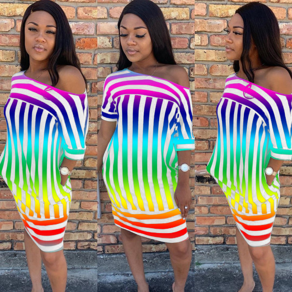 Stylish Multicolor Loose Oblique Shoulder Women Dress H1173