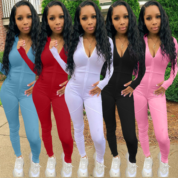 Fashion Solid Color Zipper V-Neck Long Sleeves Bodycon Jumpsuit ALS215