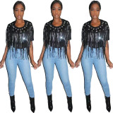 Women Black Slim Fitting Diamond Deco T-Shirt With Tassel CCY8253