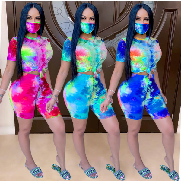 Casual fashion tie-dye printing suit free mask TY1857