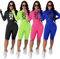 Sexy Letter Printed Zipper V-Neck Long Sleeves Bodycon Jumpsuit FM77