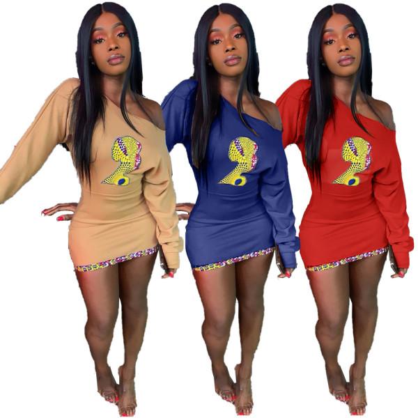 Fashion Pattern Printed Round Neck Long Sleeves Mini Bodycon Dress JCH7022