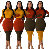 Wholesale Price Slim Color Block Bodycon Autumn Leisure Dress Q326
