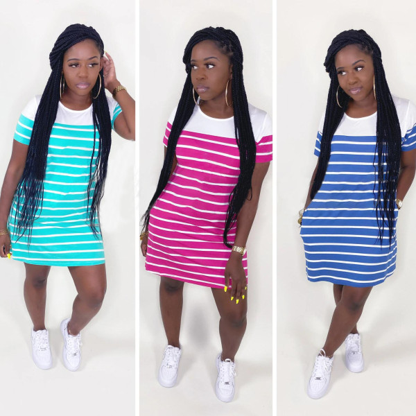 Summer Striped Printed Short Sleeve Mini Dress TM8121