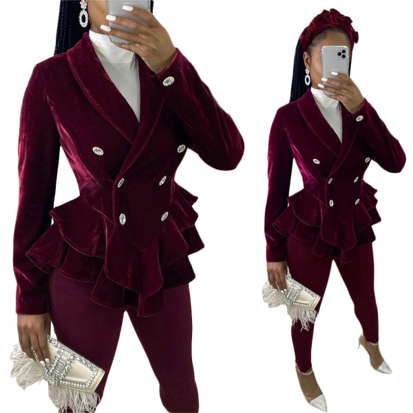 Business V Collar Ruffle Long Sleeved Velvet Women Solid Coat SN3730