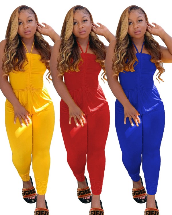 Sexy halter sling pleated jumpsuit plus size women's clothing W868