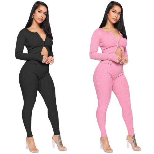 Sexy Solid Color Zipper V-Neck Long Sleeves Mini Top With Trousers Two Piece Set SN3880