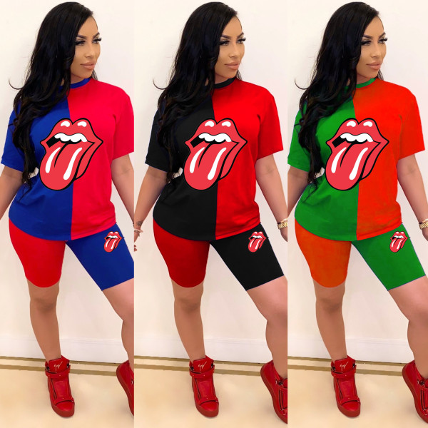 Fashion casual mouth big tongue short sleeve sports suit BN053