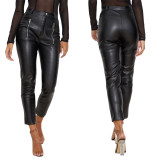 Euramerican Black Street Leather Bottom Casual Stretch Pants SN006