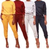 Casual Solid Color Round Neck Long Sleeves Sweater With Trousers Two Piece Set KZ171