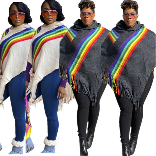 Hot Sale Female Irregular Top Rainbow Striped Tassel Cloak SMD7030