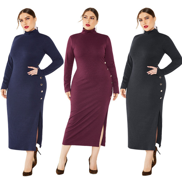 Sexy split long-sleeve stretched mid-neck knit dress with side slits FP8001