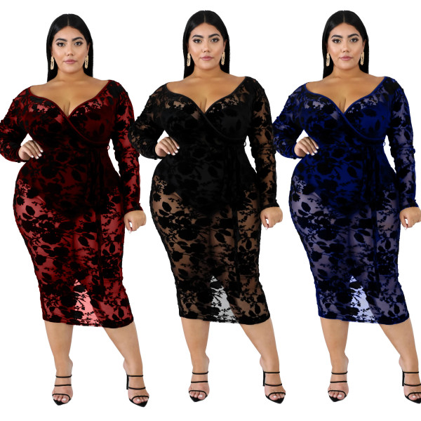 XL women\'s lace long-sleeved dress fat woman loaded fat woman dress AJ4076