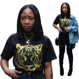 All-Match Ladies Tiger Printing Round Collar Black T-Shirt YX9110