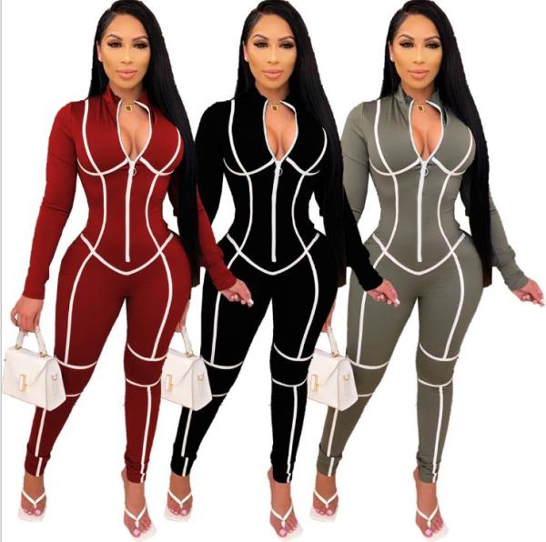 Womens fashion casual autumn and winter models solid color zipper slim long sleeve sports jumpsuit S