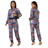 Wholesale Ladies Printed Outfits Long Sleeve Top Straight Pants YZ2103