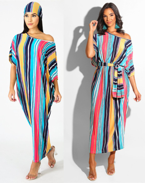 Colorful Stripe Oblique Shoulder Long Dress With kerchief LA3048