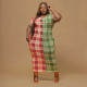 Checkered color matching round neck slim fit pocket long long plus size women's dress OSS20812