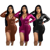 Deep V Neck Long Sleeves Hot Stamping Draped Bodycon Sexy Dress MDF5111