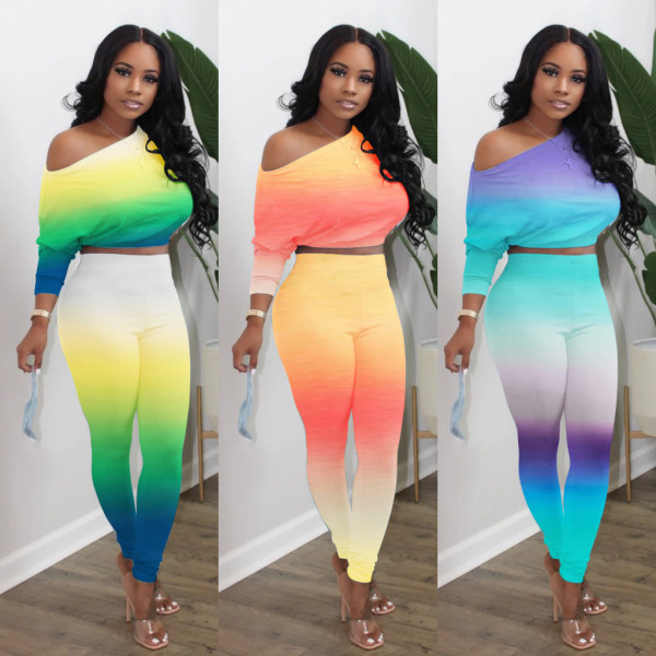 Fashion Gradient Slash Neck Long Sleeves Crop Top With Pants Two Piece Set XYM8032