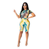 Printed striped suit sexy plus size two-piece suit female MY9654