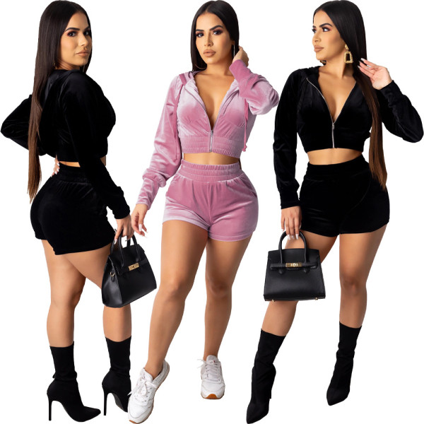 Black/Pink Velvet Elastic Waist Sets Zip Up Hoodie & Winter Shorts DN8356