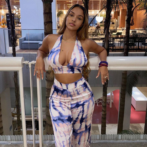 Sexy Tie Dye Printed V-Neck Sleeveless Backless Mini Top With Trousers Two Piece Set S082820W