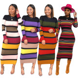 Hot Sale Lovely Women's O Neck Colorful Stripes Casual Midi Dress MD129