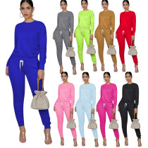 Casual Solid Color Round Neck Long Sleeves T-Shirt With Drawstring Trousers Two Piece Sets QQM4135