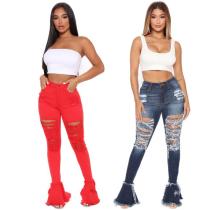 Fashion washed personality street trend ripped open pants ruffled denim trousers JLX5002