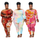 Casual Tie Dye Printed Long Sleeves T-Shirt With Trousers Plus Size Two Piece Set ONY5050