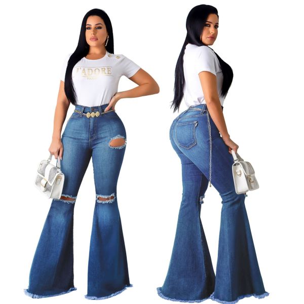 All-Match Hole Long Jeans Stretchy Flares Pants SMR2074