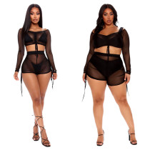 Sexy Mesh Perspective V-Neck Long Sleves Lace Up Two Piece Sets SMR9632