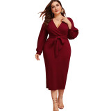 Wine Red Oversize Polyester V Neck Midi Dress With Belt ZZ8831