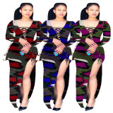 Bandage Sexy High Split Multicolor Print Irregular Dress T3393