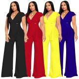 Trendy Women V Neck Sleeveless Soild Color Wide Leg Jumpsuit A8429