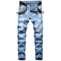 Ripped autumn and winter jeans straight-leg slim-fit non-stretch mens blue hole trousers TX896