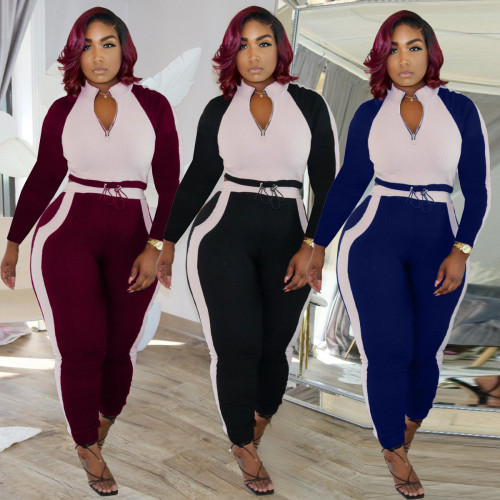 Casual Contrast Stitching Zipper V-Neck Long Sleeves Mini Top With Trousers Two Piece Set HM6343