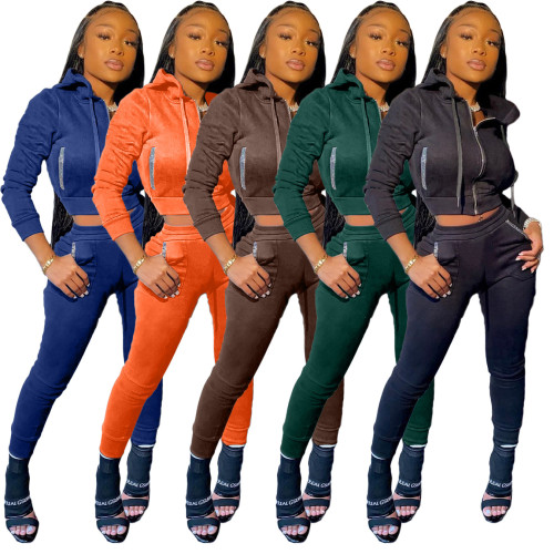 Sports Solid Color Zipper Long Sleeves Hooded MIni Top With Trousers Two Piece Set LML174