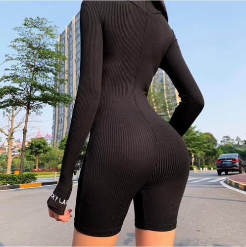 Zipper turtleneck embroidered sports short jumpsuit FF1011