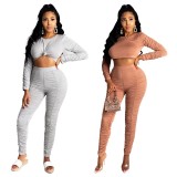 Autumn Solid Color Round Neck Long Sleeves Cropped Top With Pants Pleated Two Piece Set Q1031