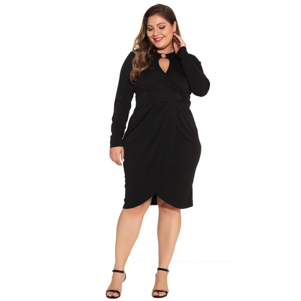 Plus Size Women Irregular Black Pleated Knee Length Dress ZZ8828