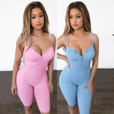 Sexy suspenders low chest zipper V-neck sports fitness jumpsuit P041964