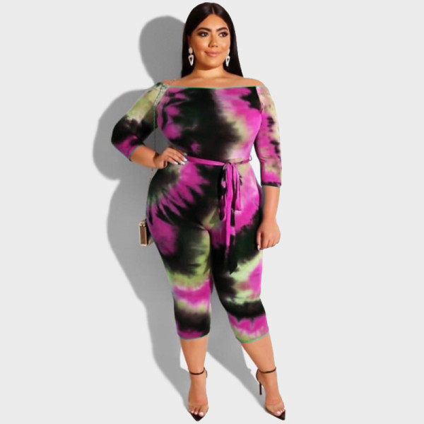 Large size women's one-shoulder tie-dyed tight sexy jumpsuit with belt OSS19418
