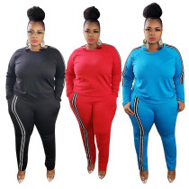Casual Contrast Round Neck Long Sleeves T-Shirt With Trousers Plus Size Two Piece Set YFS1293