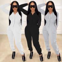Fashion Solid Color Zipper Long Sleeves Pocket Hooded Jumpsuit SM9111