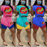 Casual Lips Printed Round Neck Short Sleeves Mini Top And Shorts 2 Pcs Suits R4001